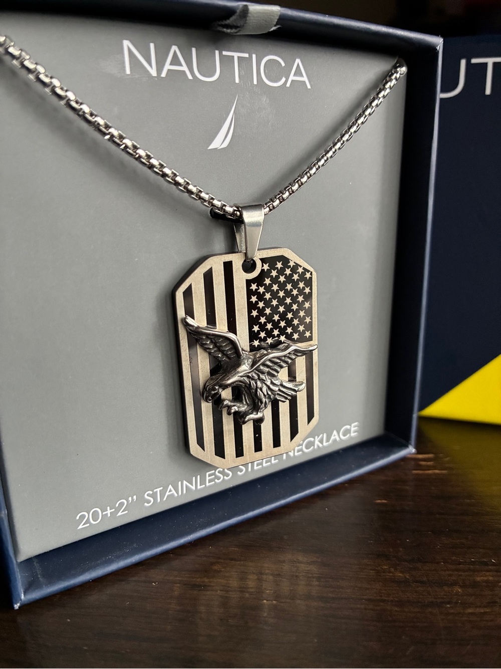 Nautica Men's Stainless Steel Eagle & American Flag Dog Tag Necklace - Silver